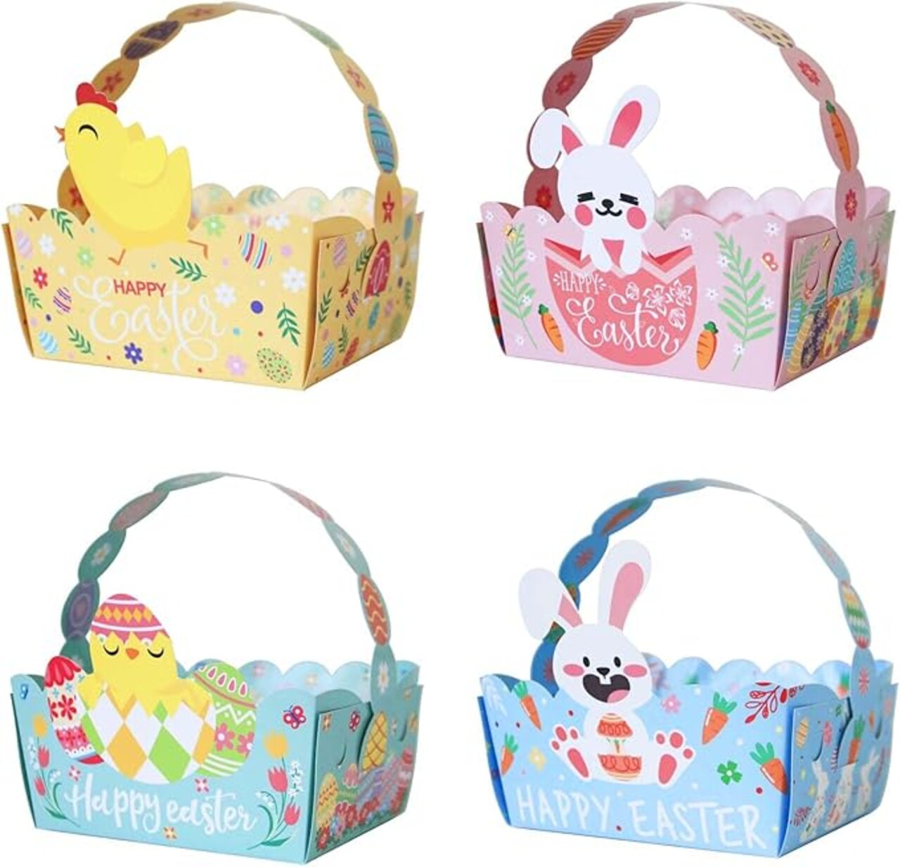 24pcs Small Easter Baskets Easter Paper Treat Boxe Cute Bunny Paper Baskets with Handles for Egg Hunt Game School Classrooms Party Favors Decoration